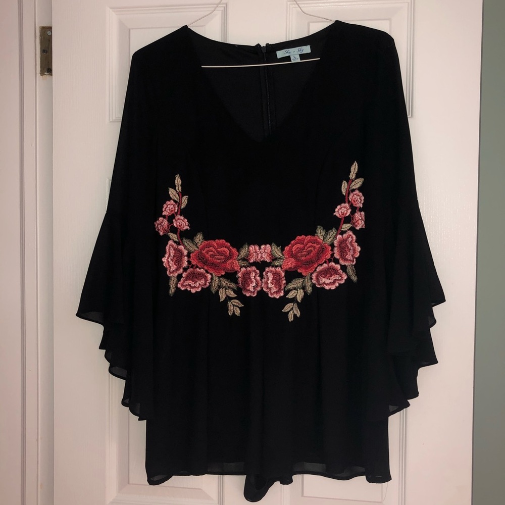 Black Bell Sleeve Rose Romper
